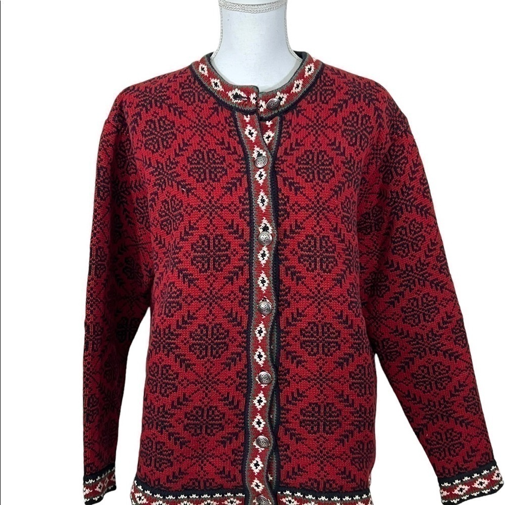 LL Bean Fair Isle Cotton Cardigan Red Snowflake Nordic Pattern - Picture 2 of 9